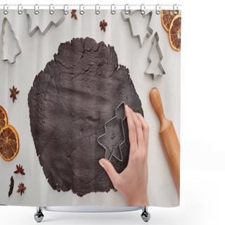 Personality  Cropped View Of Woman Holding Christmas Tree Dough Mold On Raw Dough On White Background Near Anise, Dough Molds, Rolling Pin And Dried Citrus Shower Curtains