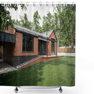 Personality  Modern Brick House With Large Windows, Green Lawn, Cottage Town Shower Curtains