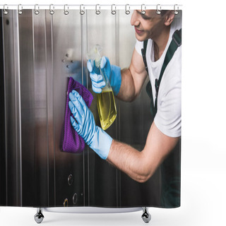 Personality  Cropped Shot Of Smiling Young Worker Cleaning Elevator With Rag And Detergent Shower Curtains