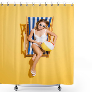 Personality  Top View Of Young Woman In Swimsuit And Sunglasses Sitting In Deck Chair With Inflatable Ball On Yellow Shower Curtains
