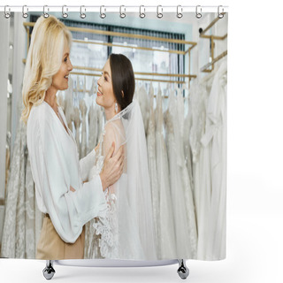 Personality  A Young Brunette Bride And Her Middle-aged Mother Are Standing Next To Each Other In Front Of A Rack Of Dresses In A Bridal Salon. Shower Curtains