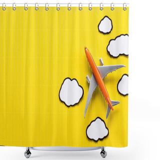Personality  Top View Of Toy Plane And Paper Clouds On Yellow Background, Trip Concept Shower Curtains