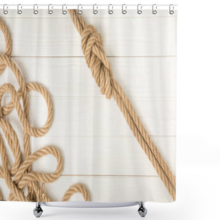 Personality  Top View Of Brown Nautical Knotted Ropes On White Wooden Planks Shower Curtains