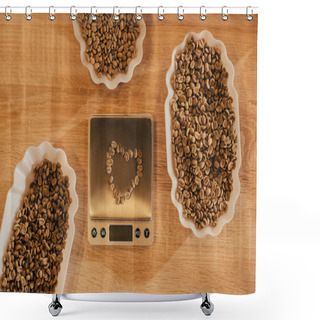 Personality  Top View Of Arrangement Of Bowls With Coffee Beans For Food Function And Kitchen Scales On Wooden Tabletop Shower Curtains