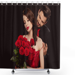 Personality  Elegant Man Taking Off Dress From Girlfriend With Red Roses Isolated On Black Shower Curtains