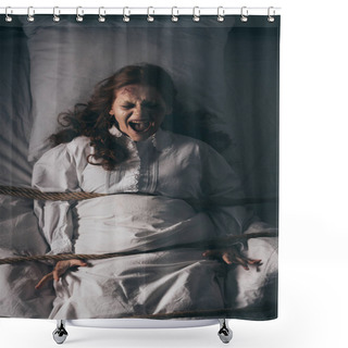 Personality  Demonic Obsessed Yelling Girl In Nightgown Bound With Rope In Bed Shower Curtains