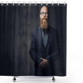 Personality  Studio Portrait Of Redhead Bearded Male In Vintage Eyeglasses Dressed In A Wool Jacket. Shower Curtains