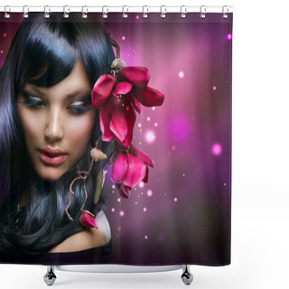 Personality  Fashion Brunette Girl With Magnolia Flowers Shower Curtains