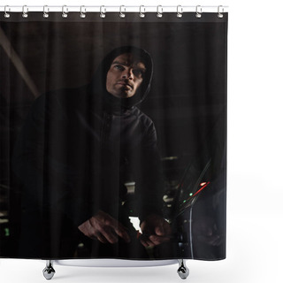 Personality  Cautious Male Robber In Black Hoodie Intruding Car By Screwdriver  Shower Curtains