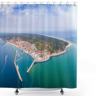 Personality  Aerial View Of The Hel Peninsula. Hel City And Port. Landscape With The Sea And The Horizon Disappearing In The Fog. Poland - A Sea Landscape From A Bird's Eye View. Hel Peninsula. Shower Curtains