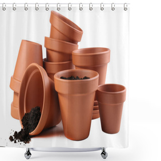 Personality  Clay Flower Pots And Soil, Isolated On White  Shower Curtains