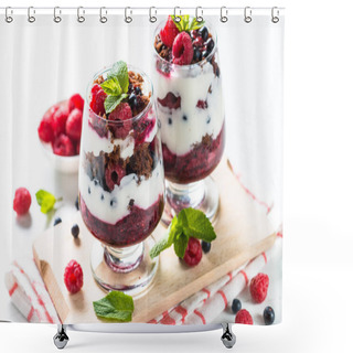 Personality  Layered Dessert With Sour Cream, Chocolate Bisquit, Jam And Fresh Berries In Glass Jar. Shower Curtains