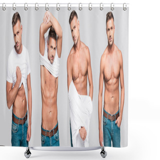 Personality  Collage Of Handsome Man Taking Off White T-shirt And Stripping Torso On Gray Background Shower Curtains