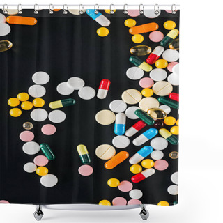 Personality  View From Of Pile Colorful Various Pills Isolated On Black  Shower Curtains