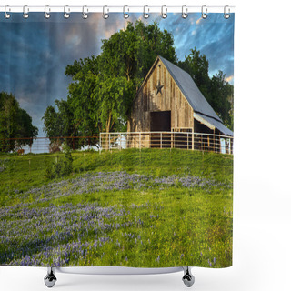 Personality  A Texas Barn In A Meadow Of Bluebonnets Shower Curtains