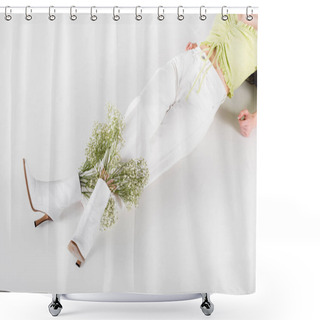 Personality  Cropped View Of Stylish Woman With Flowers In Shoes Lying On Grey Background Shower Curtains