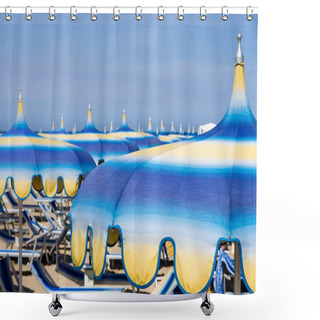 Personality  Sky And Umbrellas At Rimini Beach, Italy. Shower Curtains