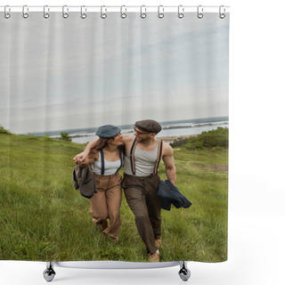 Personality  Cheerful And Fashionable Romantic Couple In Newsboy Caps, Vintage Outfits And Suspenders Hugging And Walking Together On Grassy Hill At Background, Trendy Couple In The Rustic Outdoors Shower Curtains