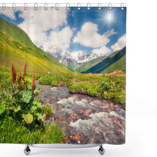 Personality  Colorful Summer View On The Pure Water River In Caucasus Mountains. Sunny Morning Scene On The Foot Of Shkhara Mountain, Ushguli Village Location, Upper Svaneti, Georgia, Europe. Shower Curtains