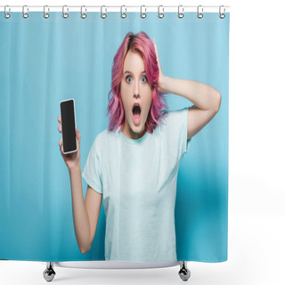 Personality  Shocked Young Woman With Pink Hair Holding Smartphone With Blank Screen On Blue Background Shower Curtains