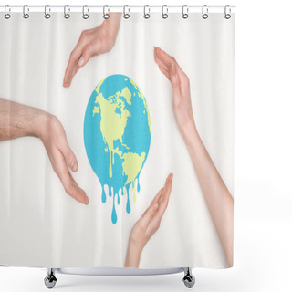 Personality  Partial View Of Male And Female Hands Around Paper Cut Melting Globe On White Background, Global Warming Concept Shower Curtains
