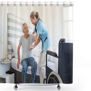 Personality  Smiling Nurse Assisting Senior Man To Get Up From Bed. Caring Nurse Supporting Patient While Getting Up From Bed And Move Towards Wheelchair At Home. Helping Elderly Disabled Man Standing Up In His Bedroom. Shower Curtains