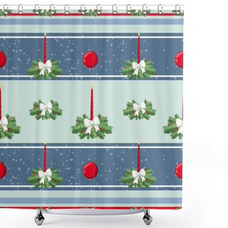 Personality  Christmas Illustration Pattern With Decorations, Candle, Bow, Tree. Use For Postcards, Wallpapers, Textiles, Scrapbooking, Decoration, Invitations, Background, Holiday. Shower Curtains
