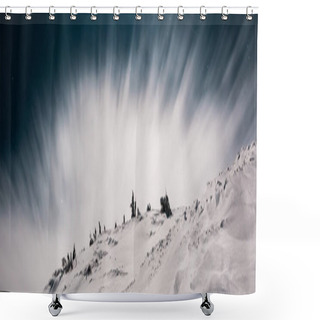 Personality  Scenic View Of Mountain Covered With Snow And Pine Trees Against Dark Sky In Evening With White Cloud, Panoramic Shot Shower Curtains