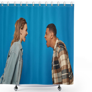 Personality  Multicultural Couple Screaming At Each Other On Blue Backdrop, Arguing And Misunderstanding Shower Curtains