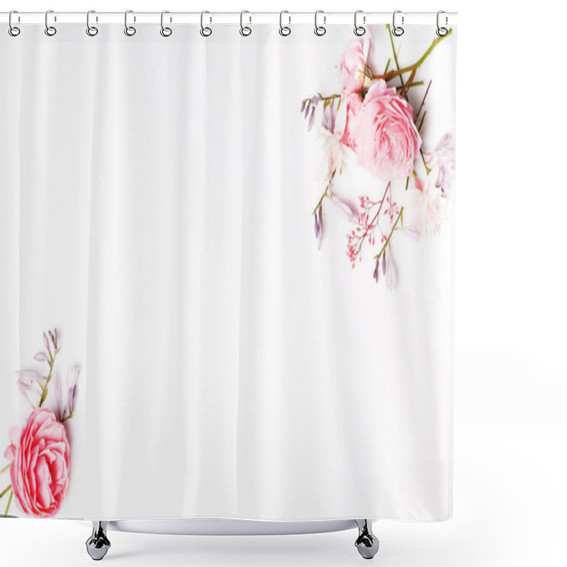 Personality  Festive flower composition on the white wooden background. Overhead view shower curtains