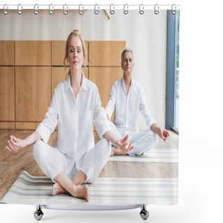 Personality  Elderly Couple Sitting In Lotus Position And Meditating Together On Yoga Mats  Shower Curtains