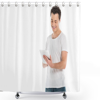 Personality  Smiling Handsome Man Using Digital Tablet Isolated On White Shower Curtains