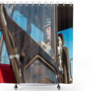 Personality  Selective Focus Of Senior Farmer Driving Modern Tractor  Shower Curtains