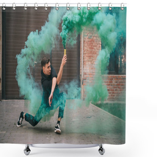 Personality  Handsome Young Man Dancing In Green Smoke On Urban City Street  Shower Curtains