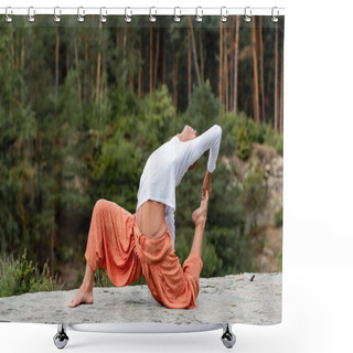Personality  Barefoot Buddhist Practicing Crocked Monkey Pose In Forest Shower Curtains