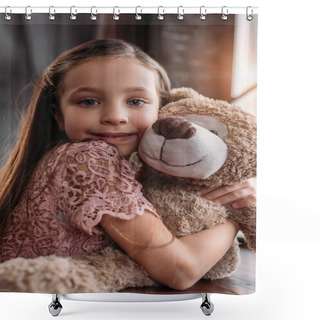Personality  Happy Little Child Embracing Teddy Bear Ond Looking At Camera Shower Curtains