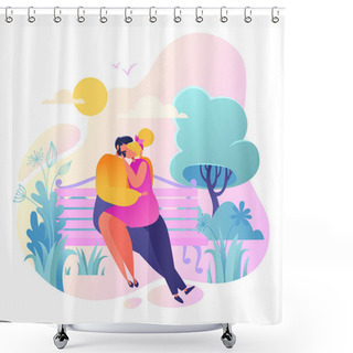 Personality  Romantic Vector Illustration On Love Story Theme. Happy Flat People Character Sitting On The Bench, Embrace And Kiss. Happy Lover Man And Woman Flirt. Shower Curtains