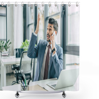 Personality  Discouraged Businessman Showing Indignation Gesture While Sitting At Workplace And Talking On Smartphone Shower Curtains