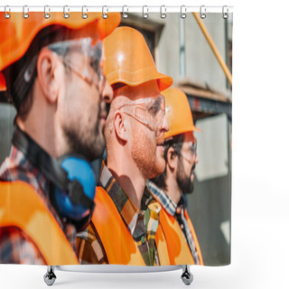 Personality  Side View Of Group Of Equipped Builders Standing At Construction Site Shower Curtains