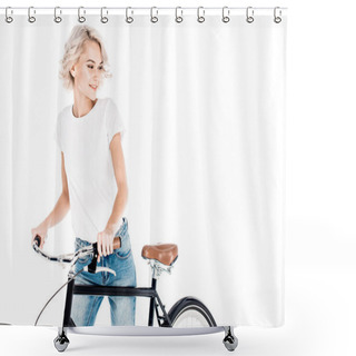 Personality  Wonderful Blonde Young Adult Woman Riding Bicycle Isolated On White Shower Curtains