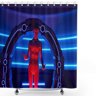 Personality  Cosmic Creature, Humanoid Alien Looking At Hands In Experimental Device In Futuristic Center Shower Curtains