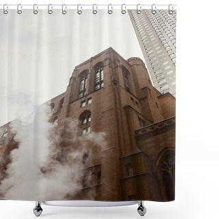 Personality  Low Angle View Of Red Brick Catholic Church Near Steam And Skyscraper On Street In New York City Shower Curtains