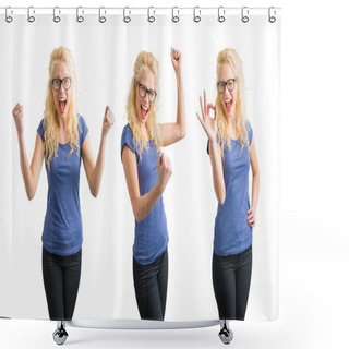 Personality  Woman Celebrating Her Succes In 3 Different Ways Shower Curtains