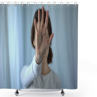 Personality  Exhausted Frightened Woman Showing Stop Sign, Female Rights, Assault In Family Shower Curtains