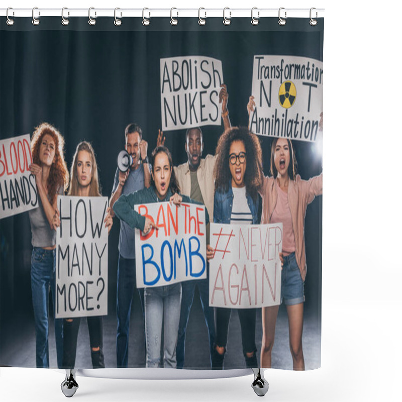 Personality  Emotional Multicultural Men And Women Holding Placards With Letters On Black  Shower Curtains