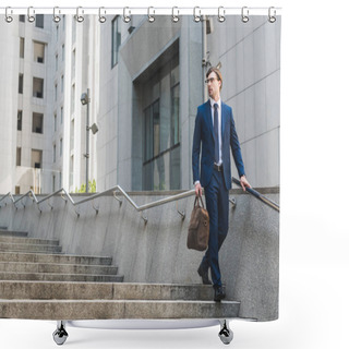 Personality  Attractive Young Businessman In Stylish Suit With Briefcase In Business District Shower Curtains