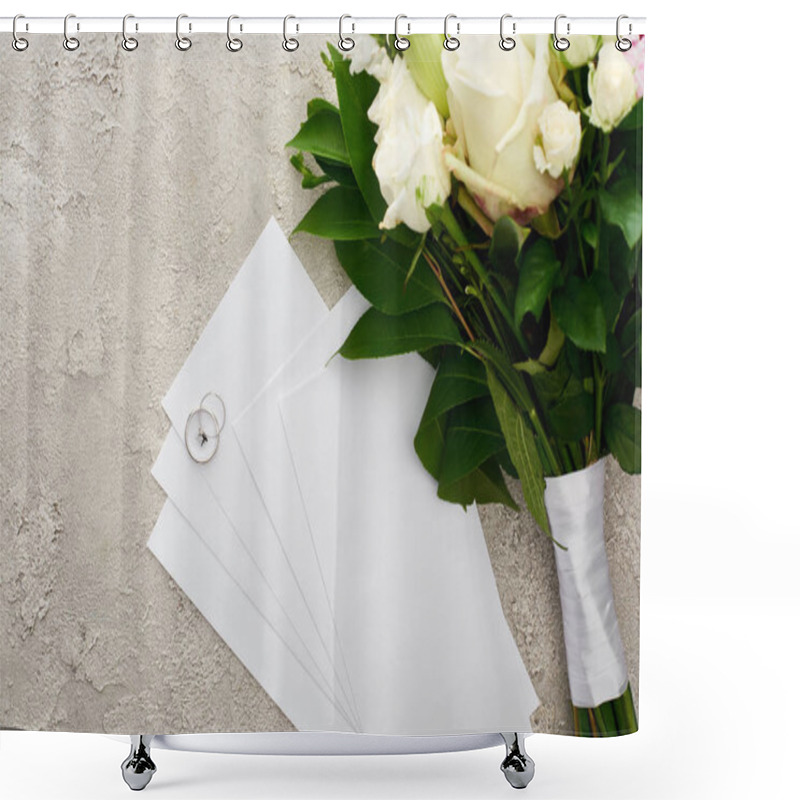 Personality  Top View Of Silver Rings On Invitation Cards Near Bouquet On Textured Surface  Shower Curtains