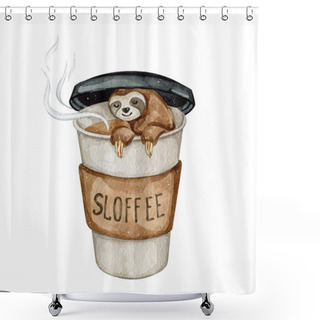 Personality  Watercolor Hand Drawn Cute Sloth In The Coffee Cup Isolated On White Background Shower Curtains