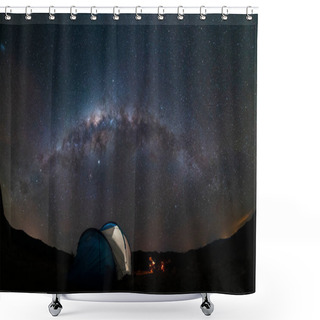 Personality  An Amazing Night Sky At Atacama Desert. A Tent, A Campfire And The Milky Way Over Us, Just An Awe Nightscape Over Our Base Camp Inside Atacama Arid Desert. Amazing View Over Sagittarius Night Stars Shower Curtains
