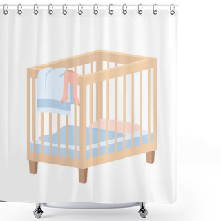 Personality  Wooden Crib For Baby Boy Vector Illustration. Cartoon Cute Bed For Healthy Sleep Of Newborn At Night, Furniture For Nursery Room Interior With With Linens, Towel And Romper Suit Isolated On White Shower Curtains